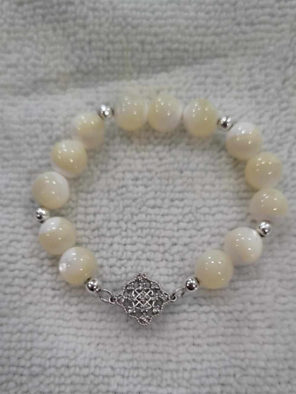 Mother Of Pearl Bead Bracelet with Silver Filigree Accent by